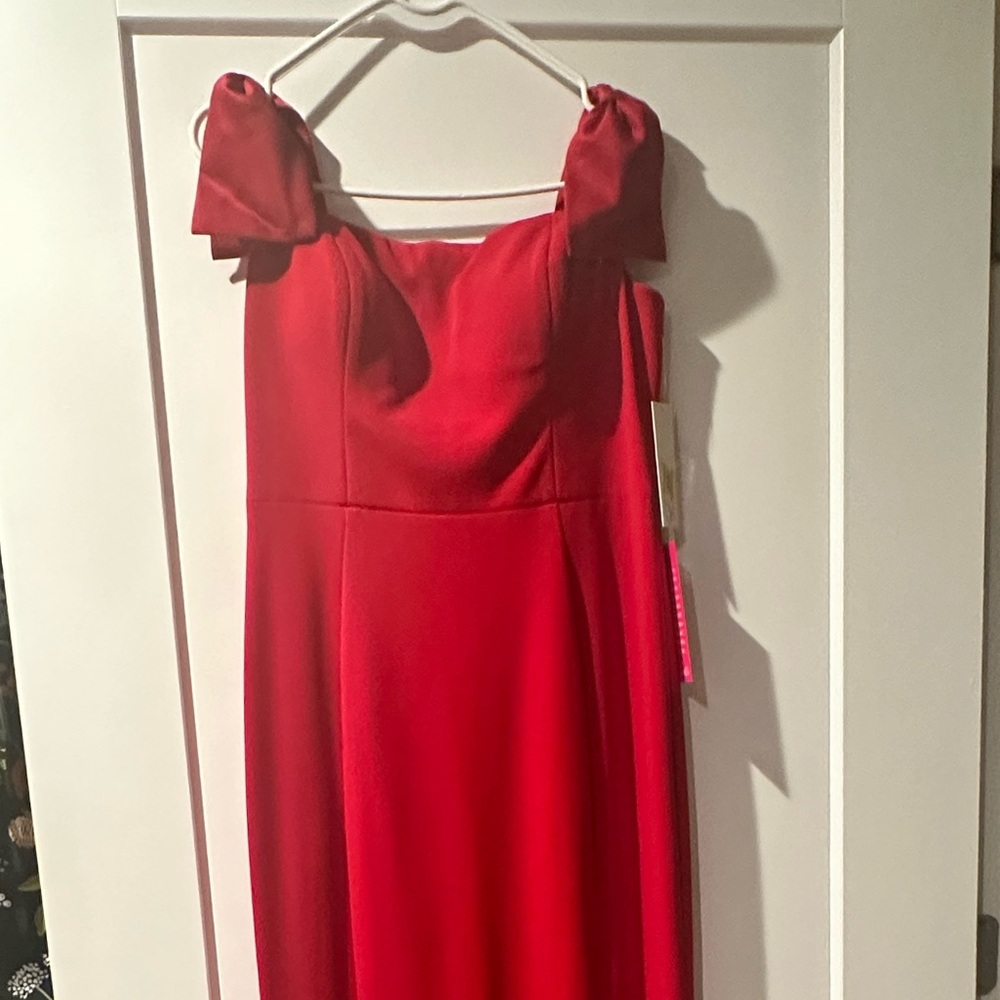 Red formal dress bow off the shoulder